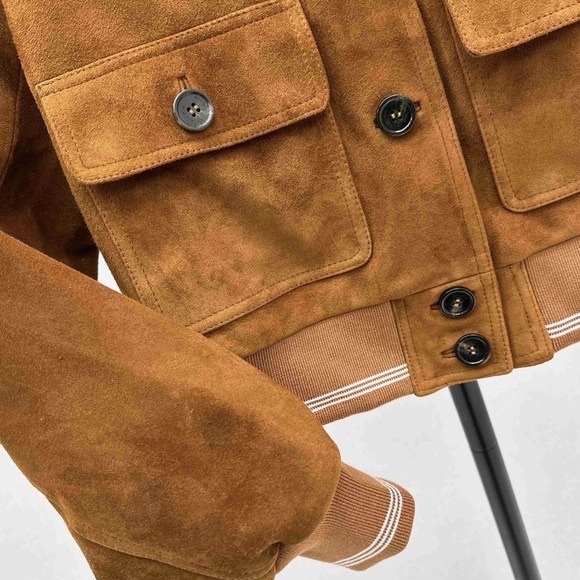 Miu Miu Brown Suede Cropped Bomber Jacket Logo Button Front Pockets - Picture 7 of 8